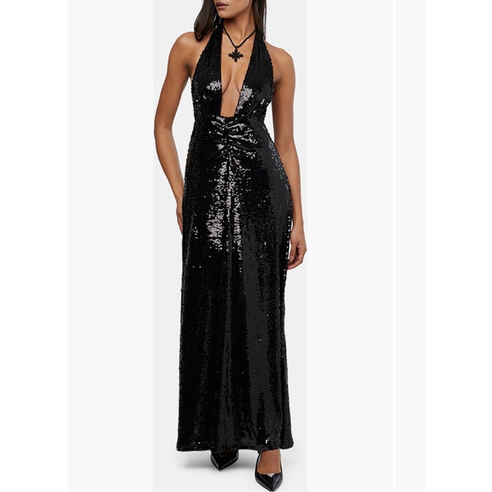 WeWoreWhat Plunge Neck Sequin Halter Gown